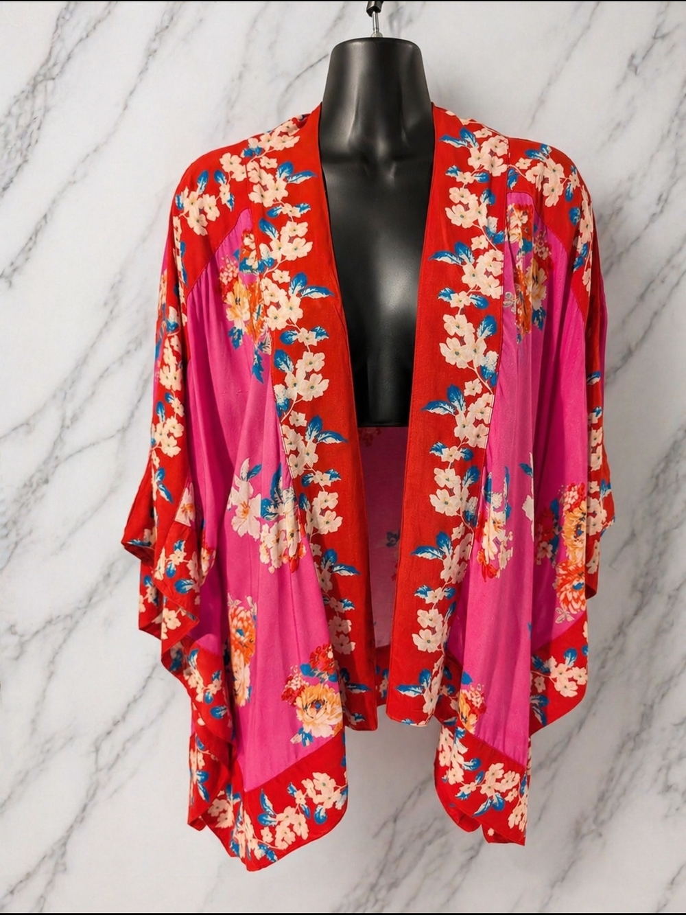 MAHILA Floral Kimono Cardigan Red Pink Boho Lightweight one size